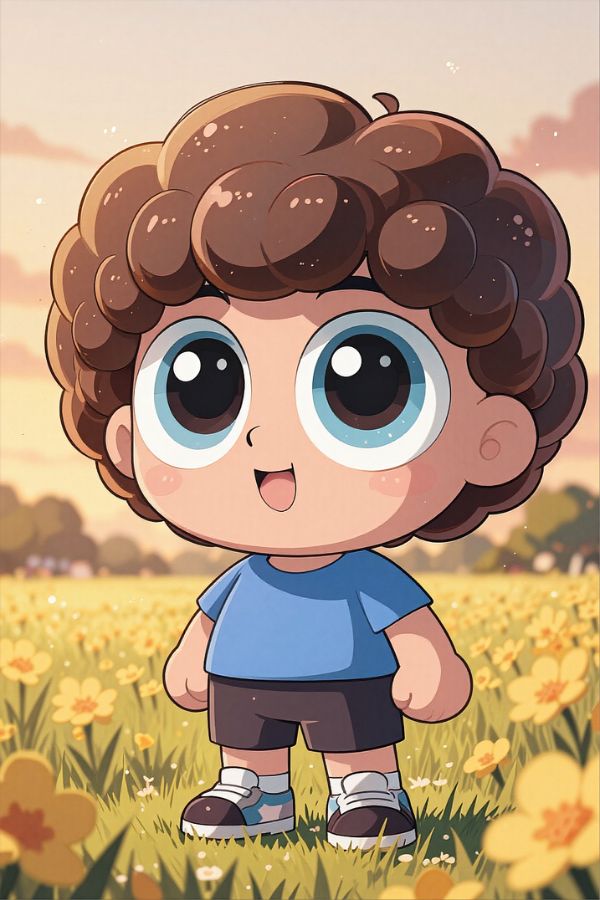 A cute cartoon boy with big round eyes and curly hair standing in a colorful flower field