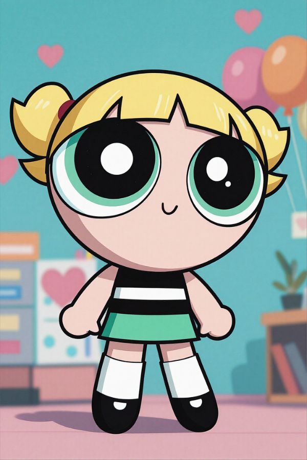 A cute cartoon girl with oversized eyes, blonde twin buns, and a simple colorful outfit