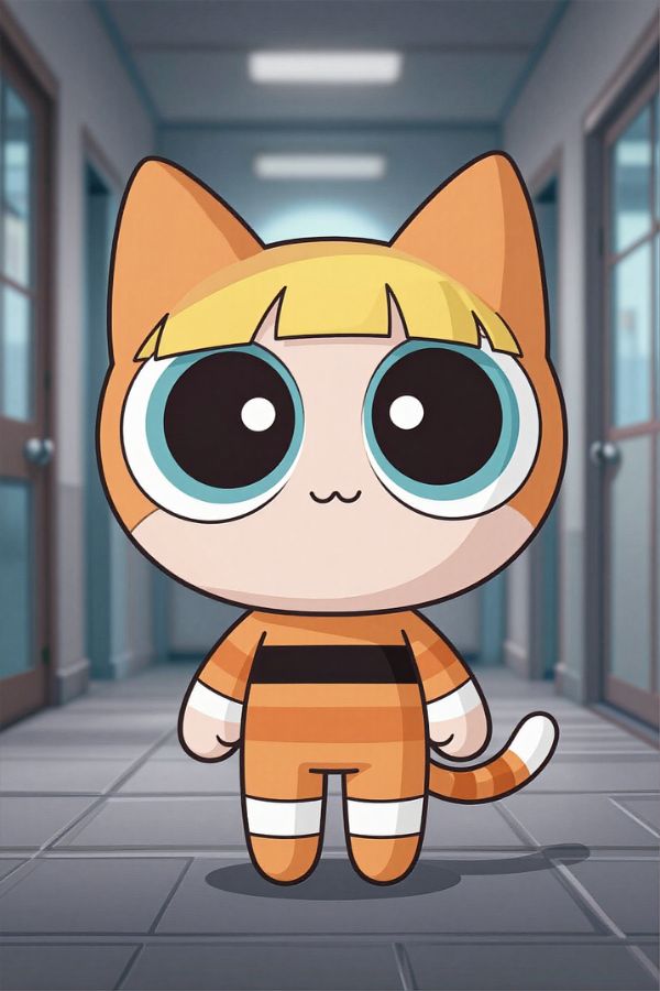 A cute orange cartoon cat with large round eyes standing in a hallway