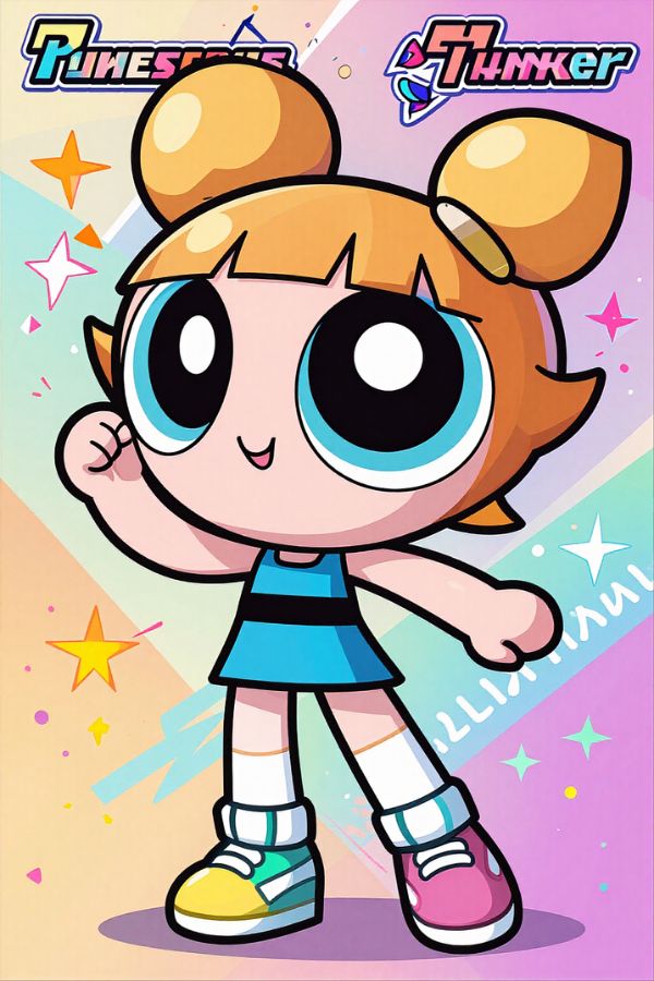A playful cartoon girl with large round eyes posing confidently in a colorful background