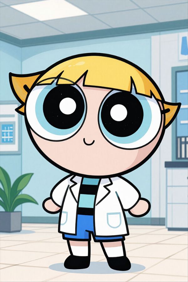 A cute cartoon girl with big eyes wearing a lab coat in a clean indoor setting