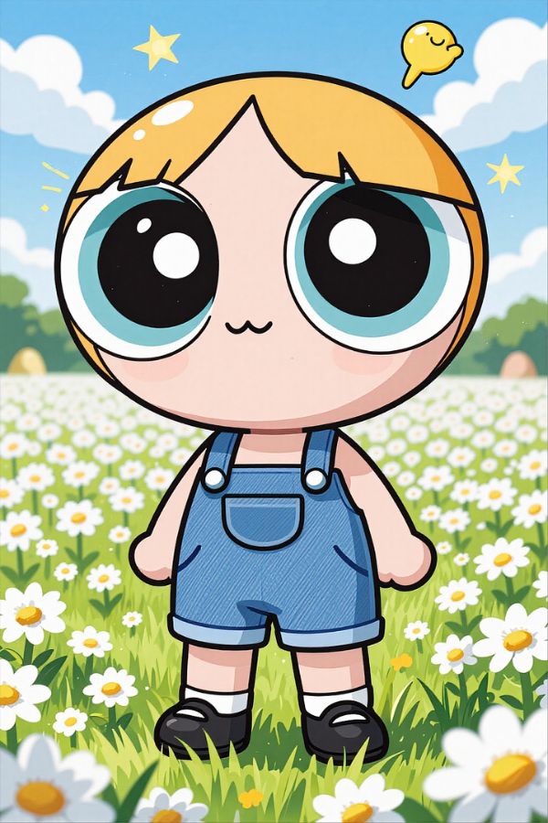 A cute cartoon girl with big round eyes wearing denim overalls in a daisy field