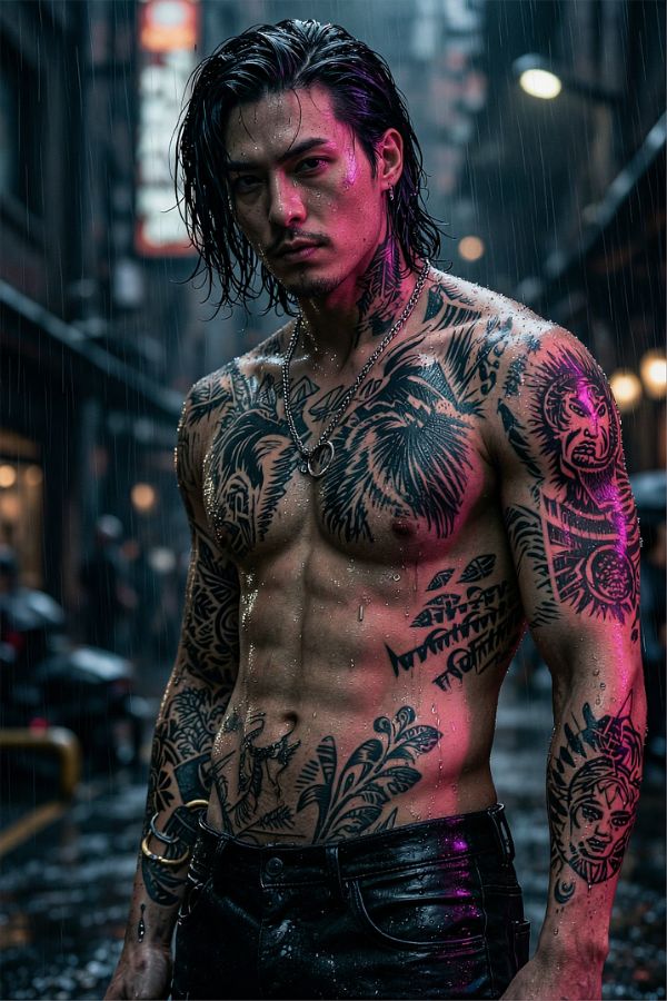 A cyberpunk male character with tattoos, neon reflections, rain, dark city background, cinematic composition