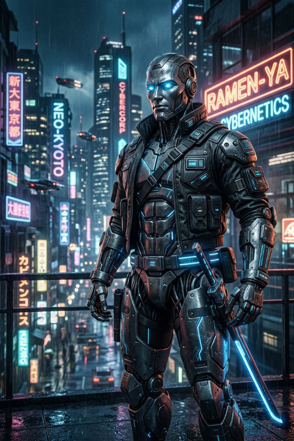 A futuristic masculine android man, glowing blue eyes, metallic skin, sci-fi background, ultra detailed, cyberpunk aesthetic