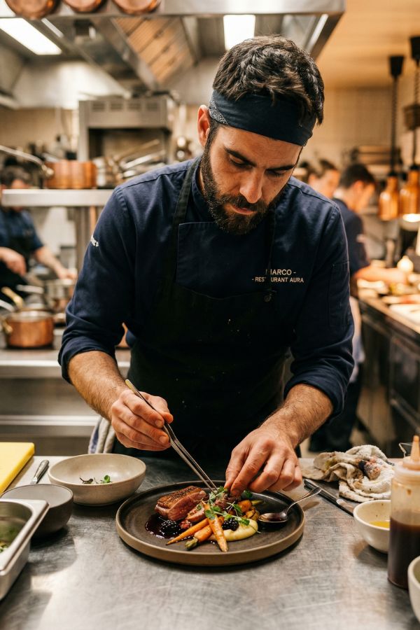 A male chef plating gourmet food, focused expression, warm kitchen lighting, realistic textures, high detail portrait