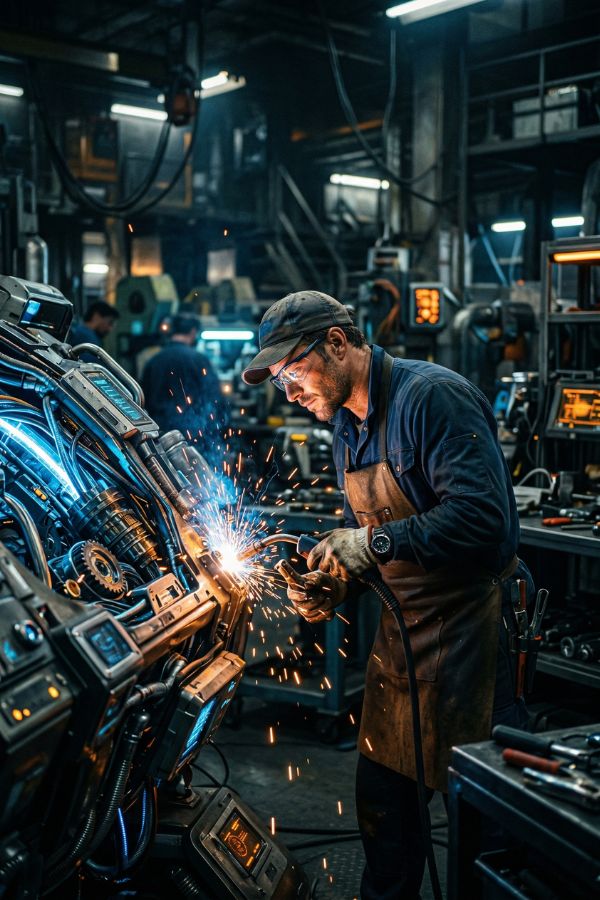 A male engineer working on futuristic machines, masculine face, industrial environment, sparks and metal