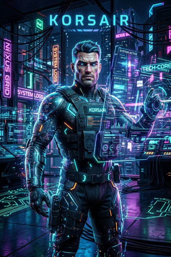 A digital masculine avatar, holographic interface, neon lights, strong facial structure, high tech environment, 3D render