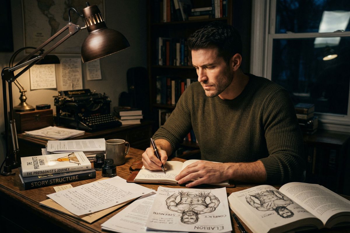masculine writer developing male character, storytelling workspace, cinematic atmosphere