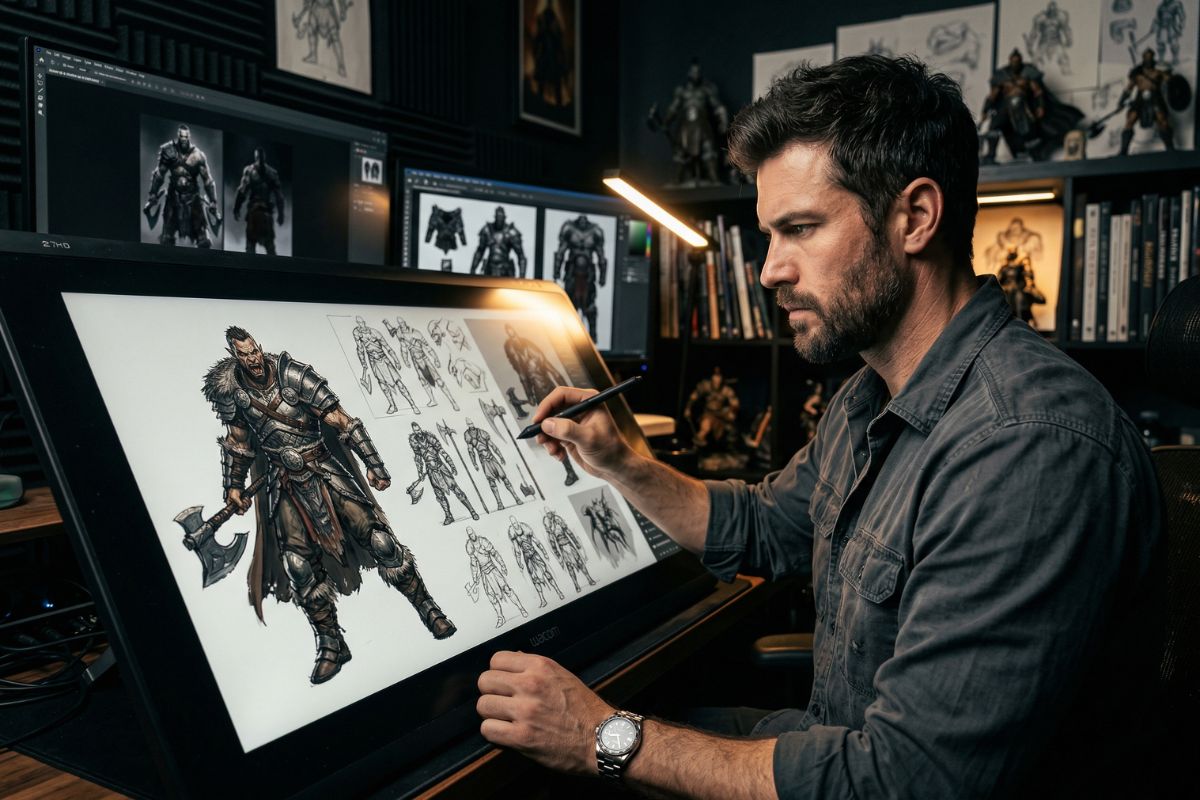 masculine game developer designing male character concept art, warrior design, creative studio