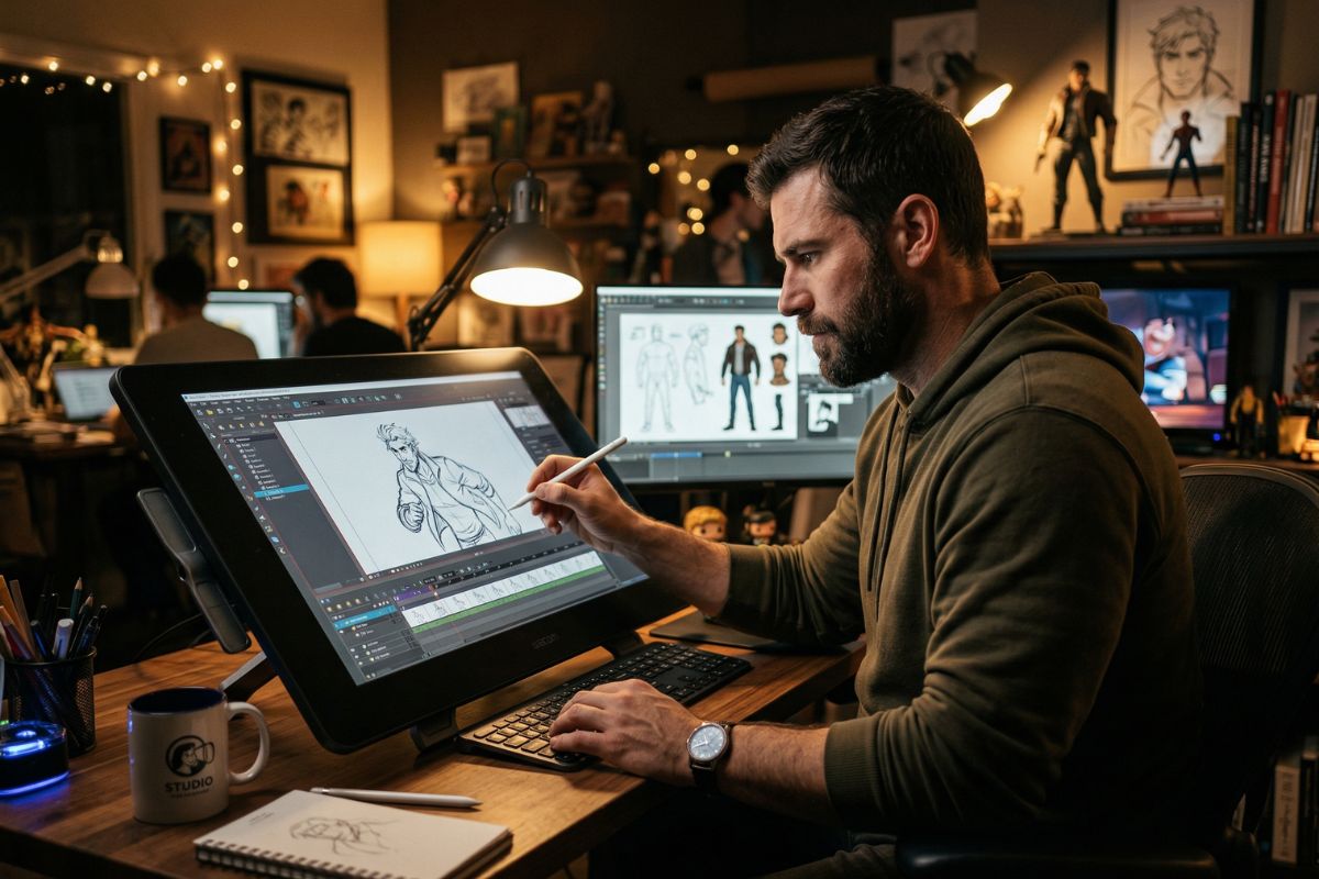 masculine animator creating male character animation, digital tablet, modern studio