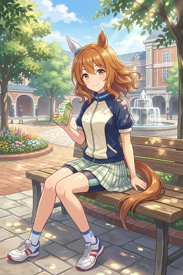 Anime-style horse girl OC sitting on a wooden bench in a bright campus courtyard, wearing a school uniform and sneakers, with a relaxed and friendly expression.