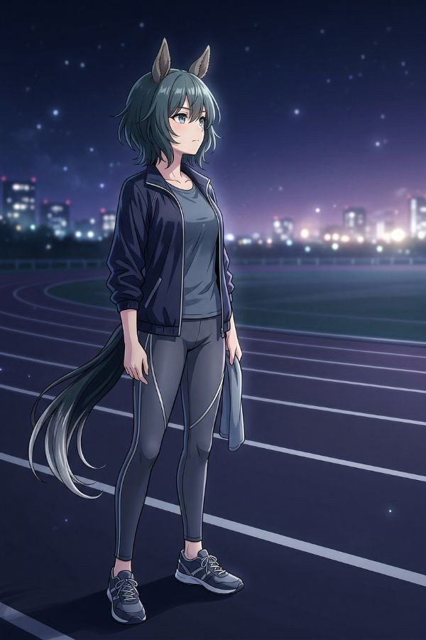 Original horse girl character standing on a running track at night, wearing a dark athletic outfit, with city lights glowing softly in the background.