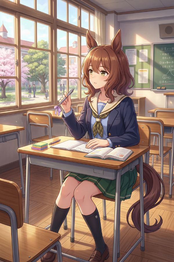 Anime-inspired horse girl OC sitting at a classroom desk near a sunlit window, holding a pencil and smiling in a warm school setting.