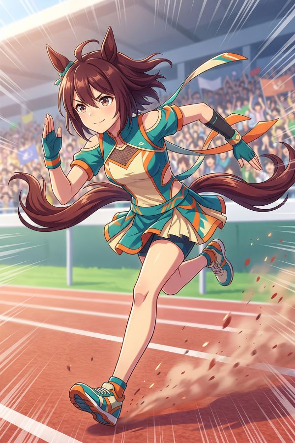 Dynamic horse girl OC running at full speed on a stadium track, kicking up dust with a determined expression during a race