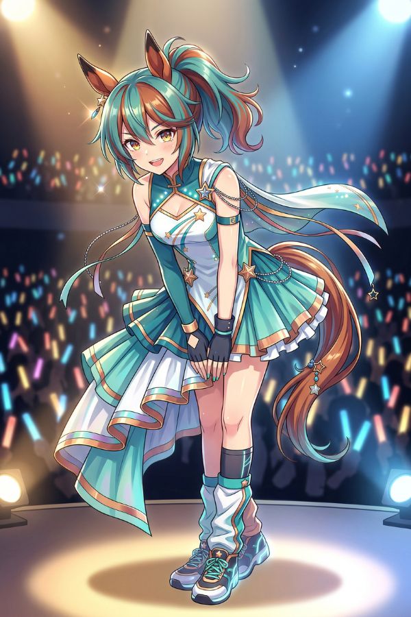 Original horse girl character performing on stage in a turquoise idol-inspired outfit, under colorful concert lights with a lively audience behind her.
