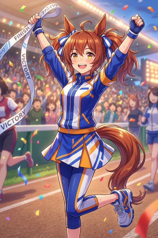 Cheerful horse girl OC celebrating a win with both arms raised near the finish line, surrounded by confetti and a festive crowd.