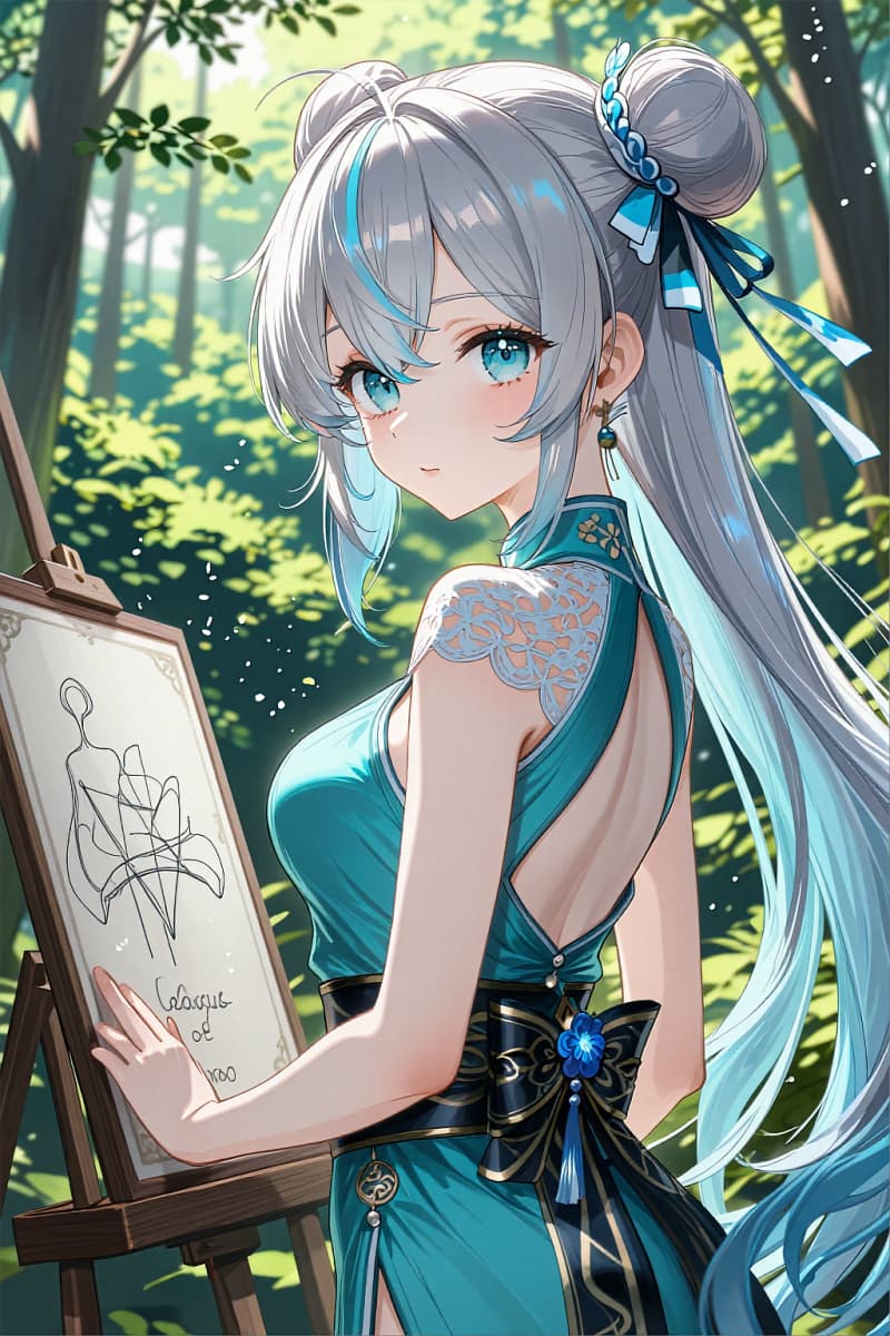 Blue Cheongsam Painter Girl