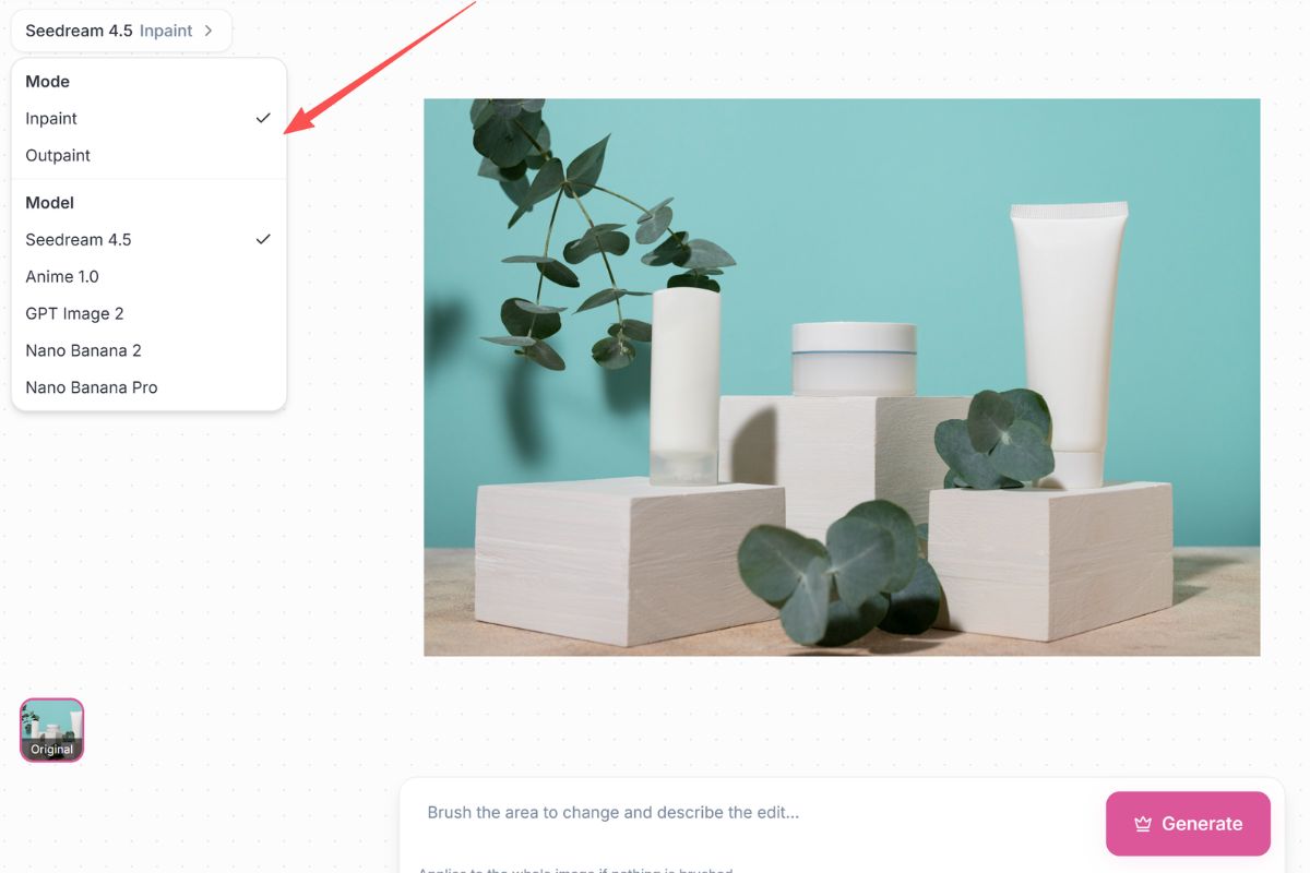 Select an image model and choose Inpaint or Outpaint mode