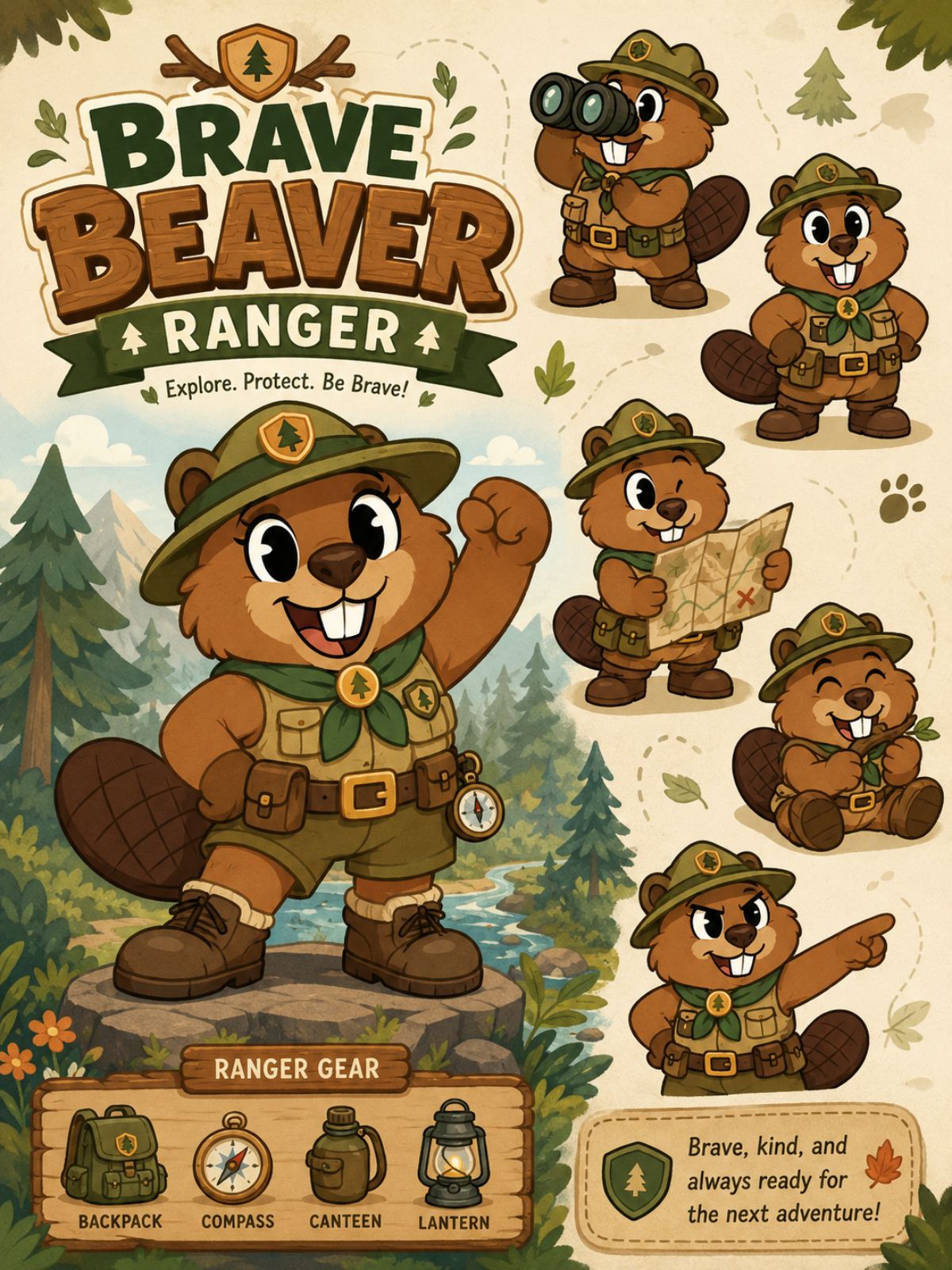 Bright beaver forest ranger character