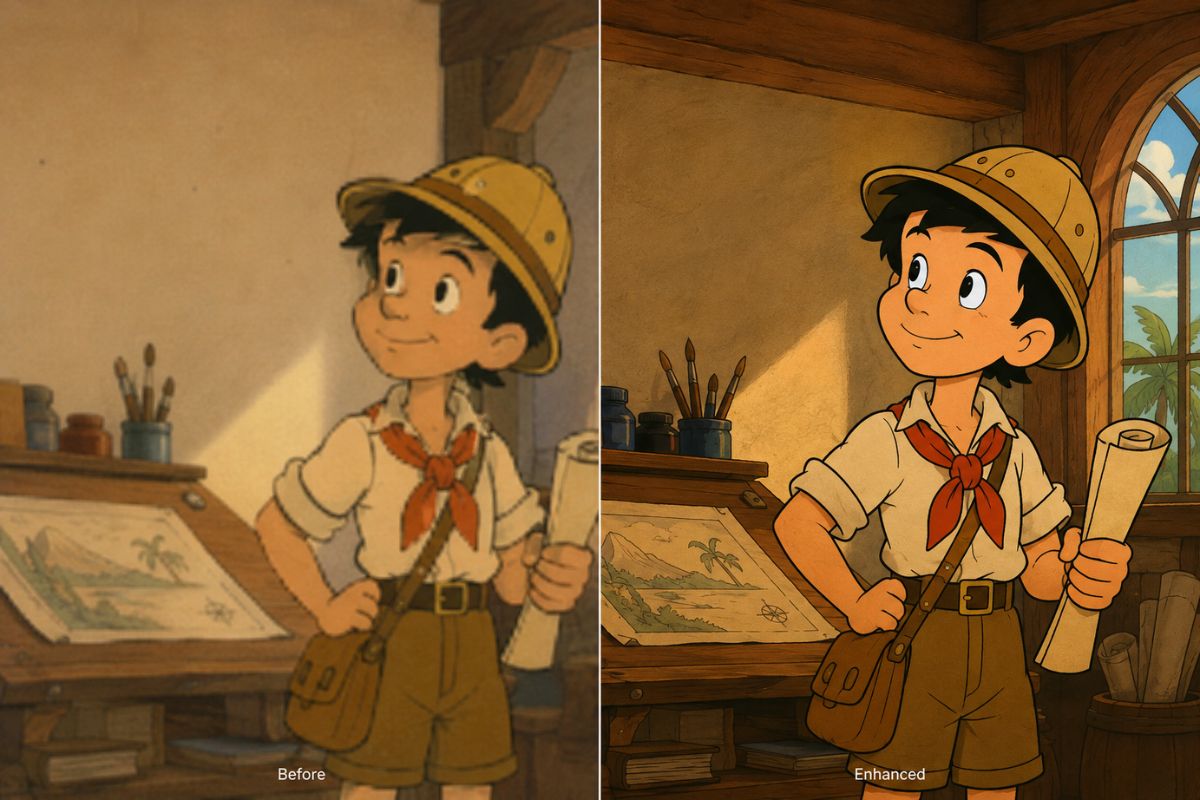Restored cartoon frame with cleaner lines and colors