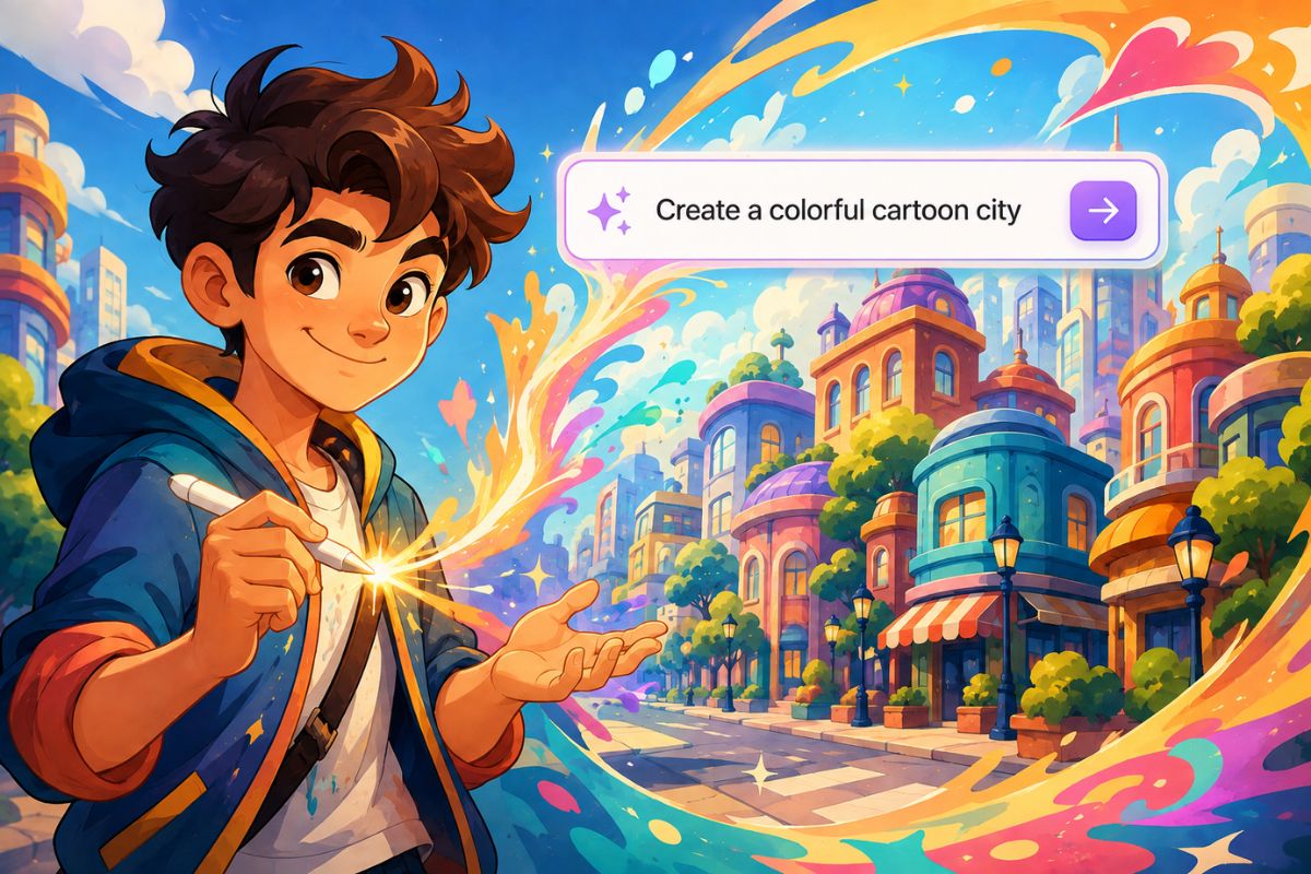Cartoon character and city scene generated from a text prompt