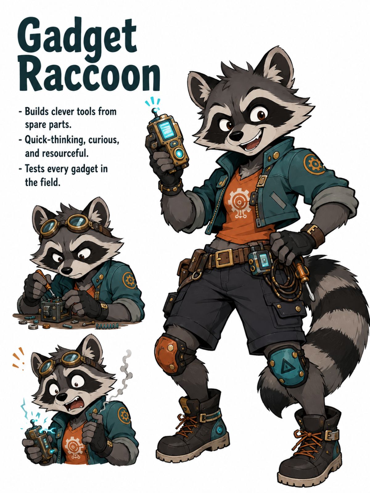 Anthropomorphic raccoon gadget expert character