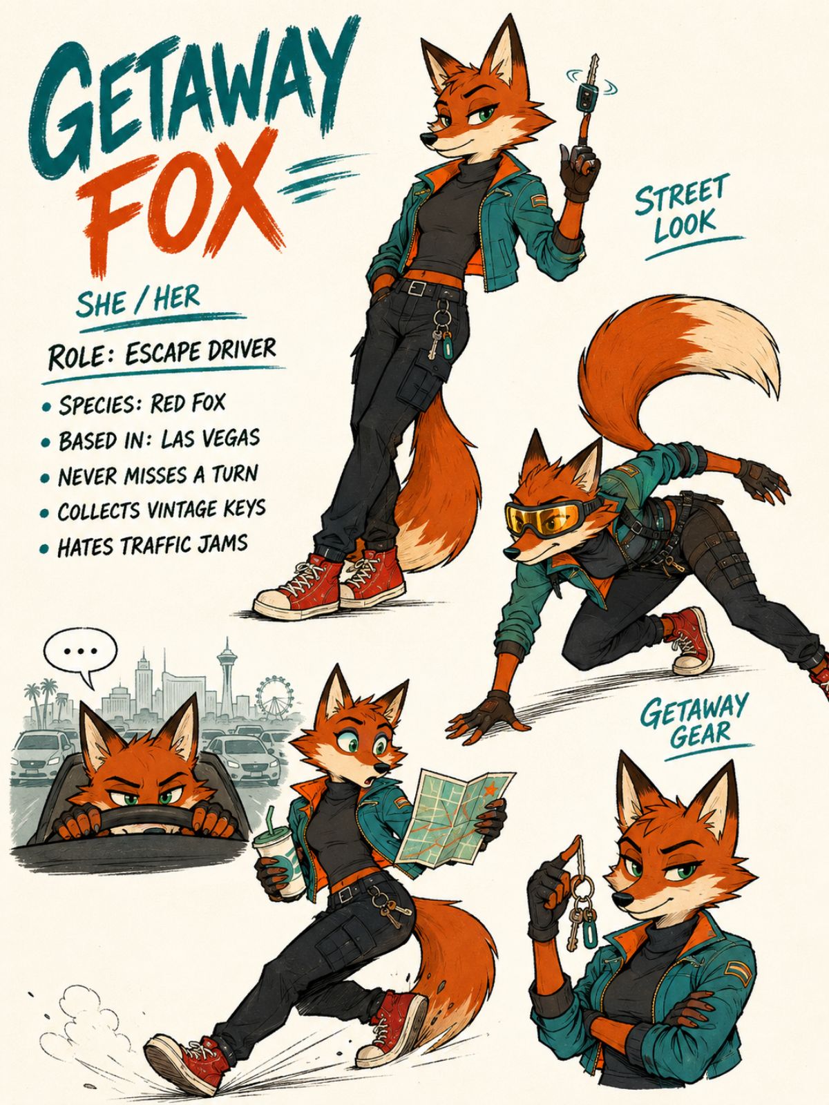 Anthropomorphic fox getaway driver character