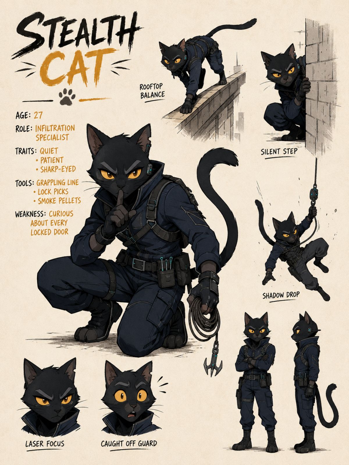 Anthropomorphic cat stealth specialist character