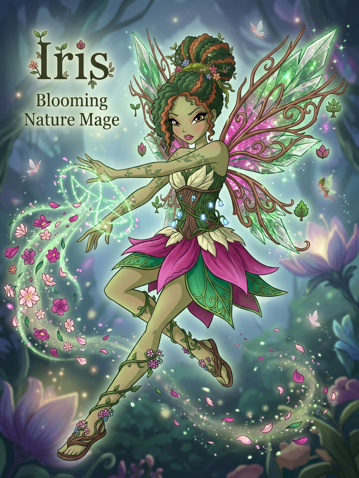 Original nature fairy with petal wings and a green outfit