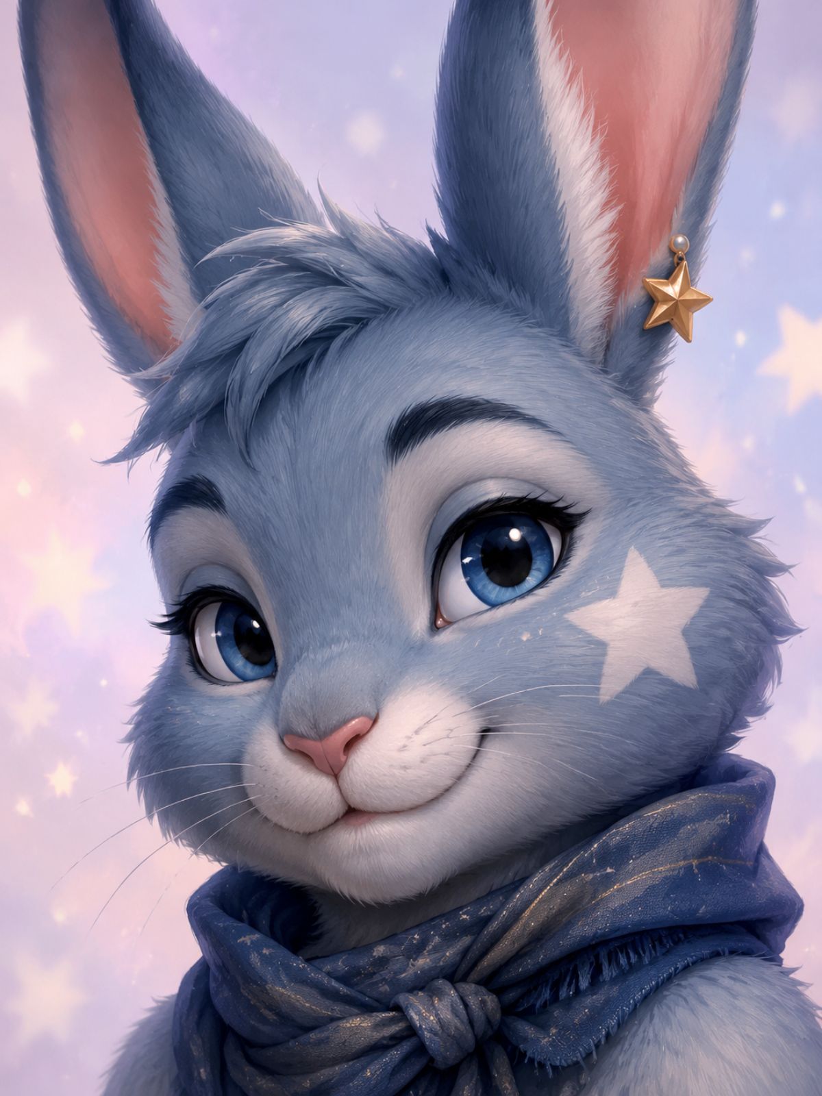 Close portrait of one original blue-gray rabbit avatar, expressive eyes, unique star-shaped cheek marking, small scarf and ear accessory, polished friendly digital art style