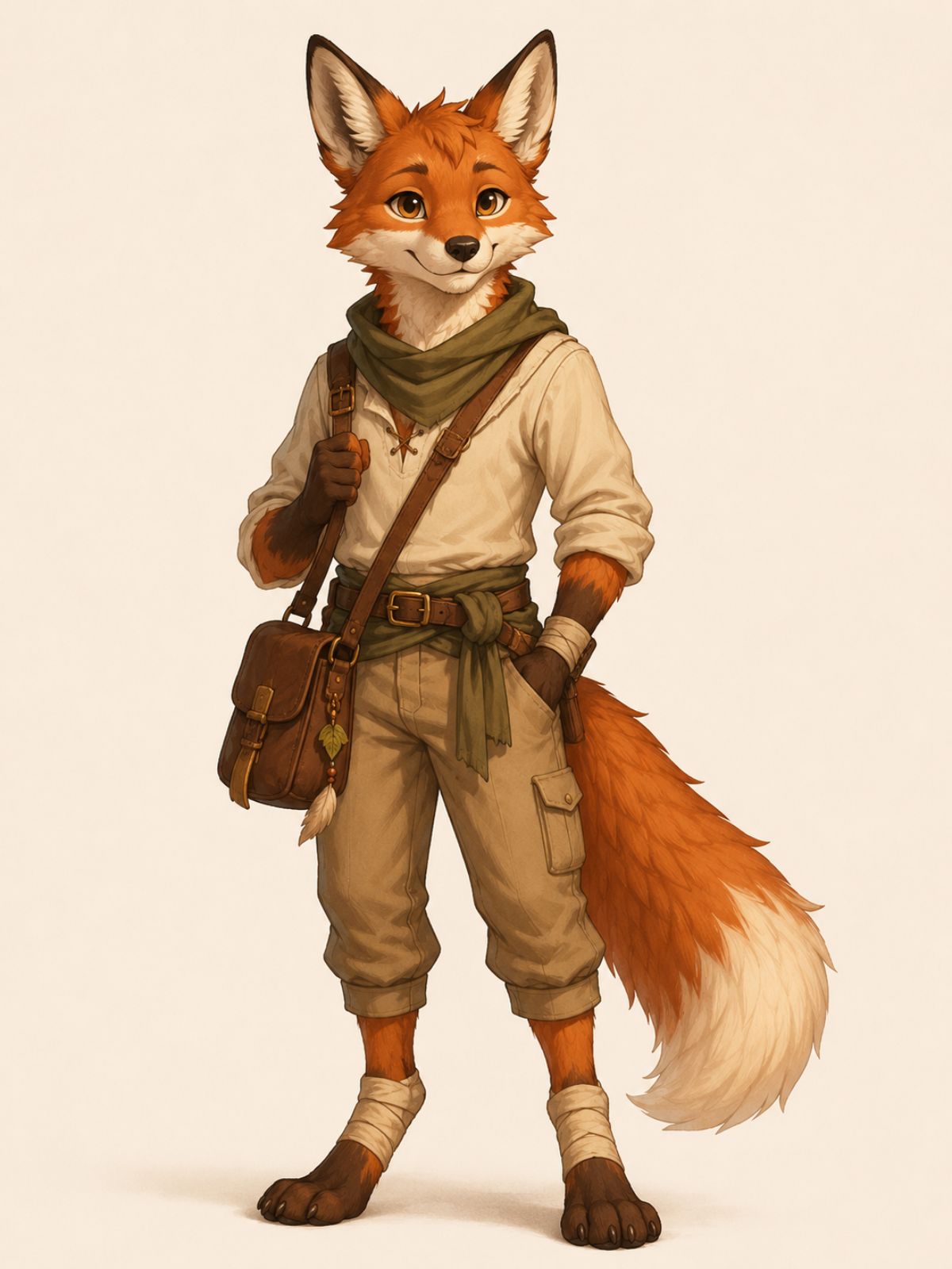 Original anthropomorphic red fox character, full body, distinctive pointed ears and fluffy tail silhouette, warm rust and cream fur markings, friendly neutral pose, clean character concept art