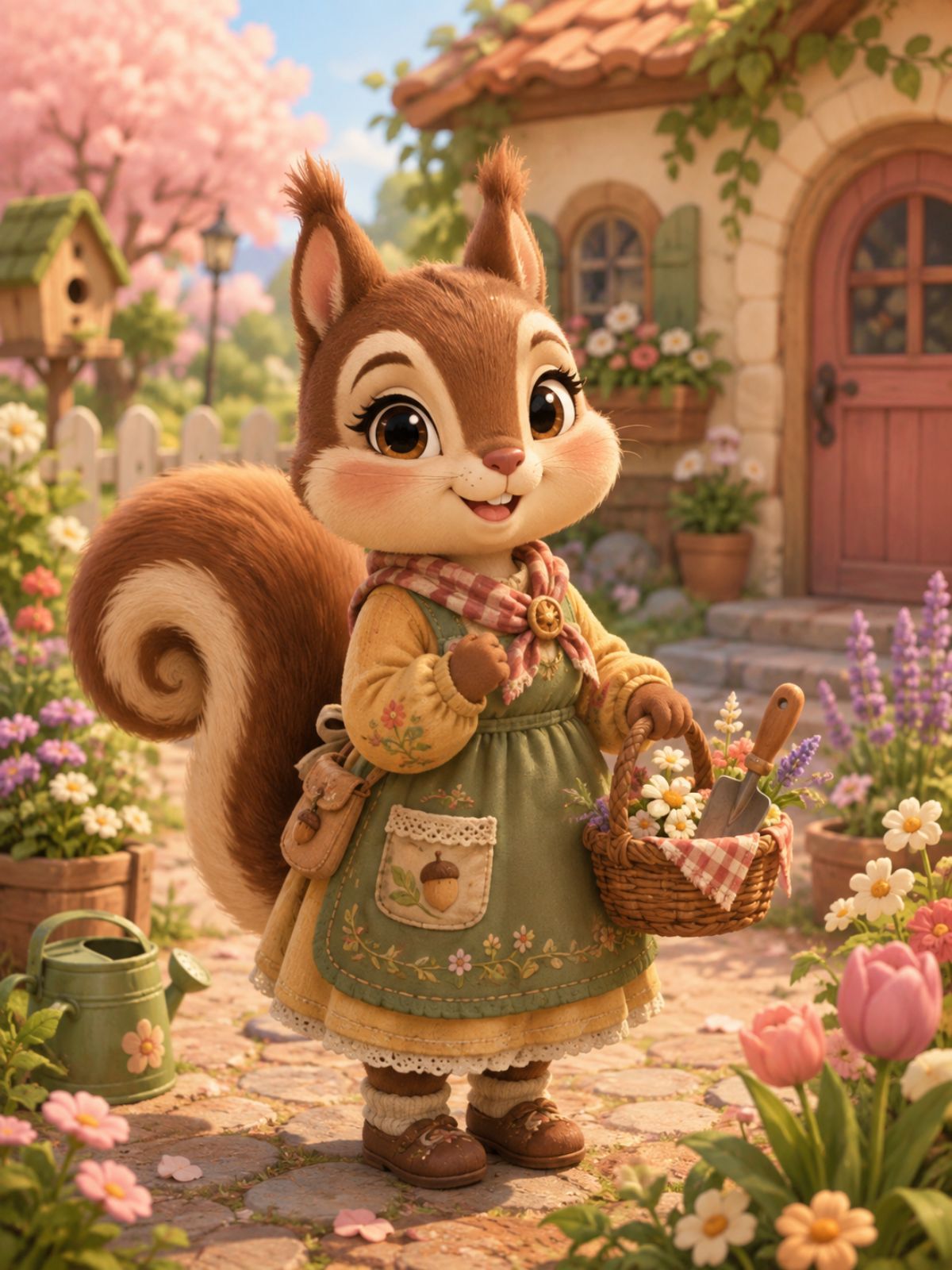 One completely original cute anthropomorphic squirrel villager in a cozy pastel village garden, original clothing and facial design, rounded friendly proportions, soft game-inspired character art
