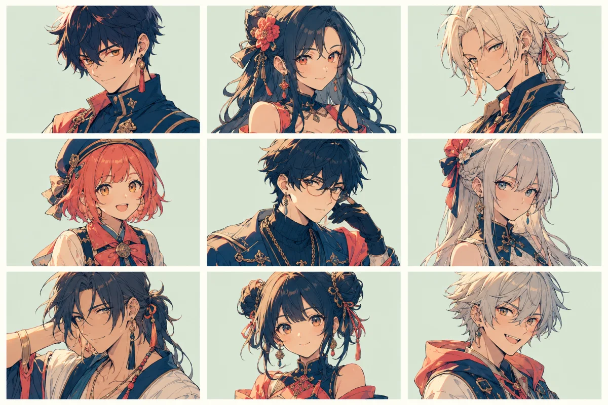 Nine coordinated original anime portraits arranged in a clean square grid