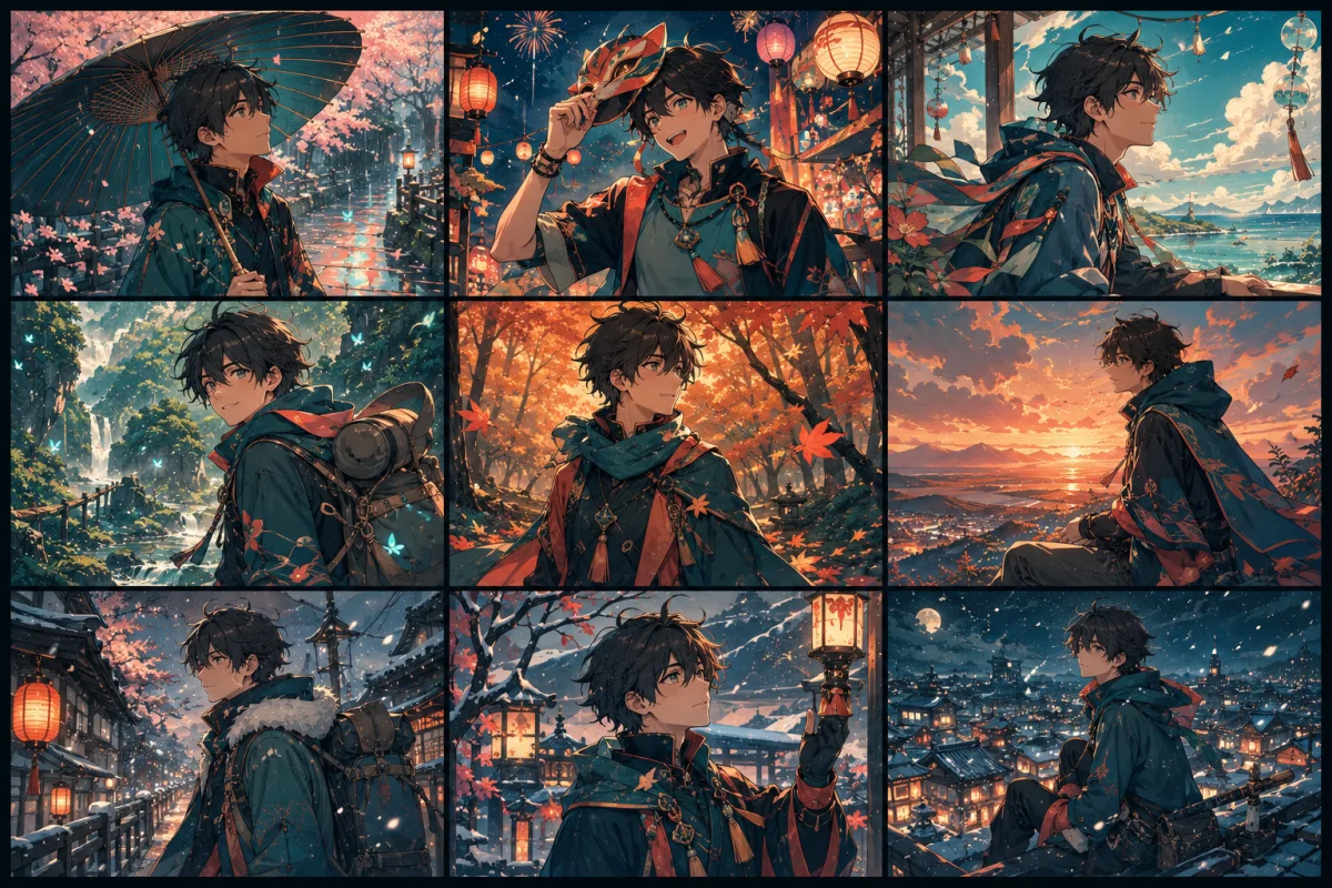 Original anime character tiles sharing one coherent visual style