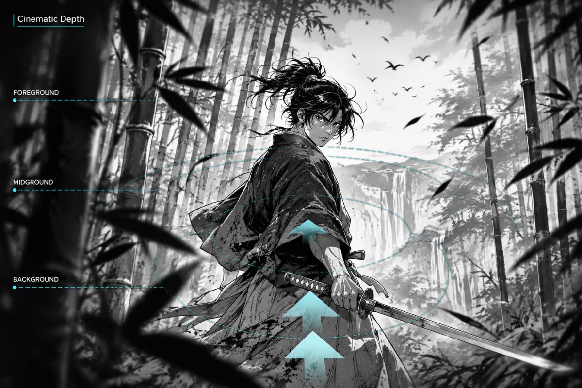 Original manga swordsman standing in a bamboo grove, layered foreground leaves, character and distant trees arranged for a slow cinematic push-in, monochrome ink and screentone sty