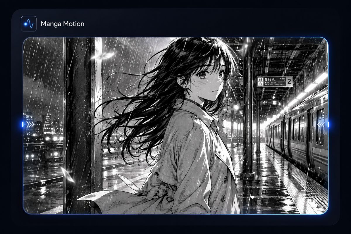 Close-up of one original manga character with stable facial proportions and crisp ink line art, soft breathing motion suggested by scarf and drifting dust, controlled monochrome sc