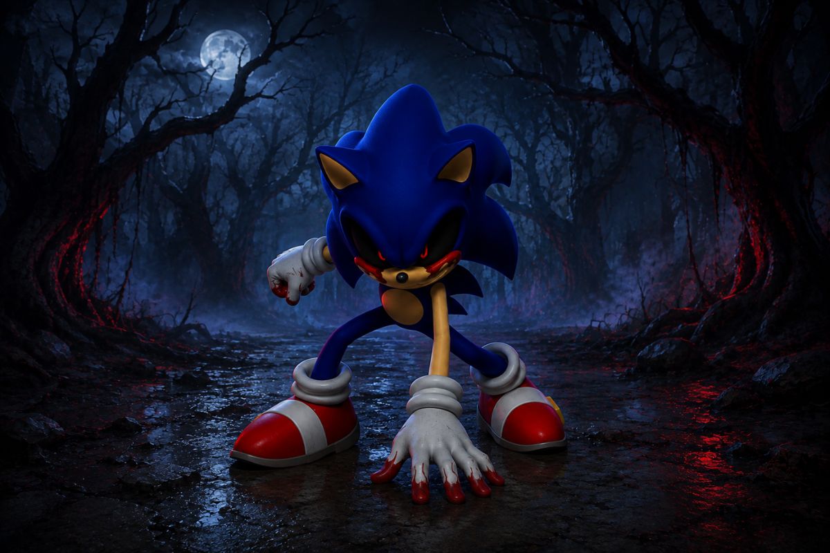 One original midnight-blue fantasy speedster using violet distortion magic, fragmented light trail, smoky aura and glowing geometric particles, dynamic running pose through an aban
