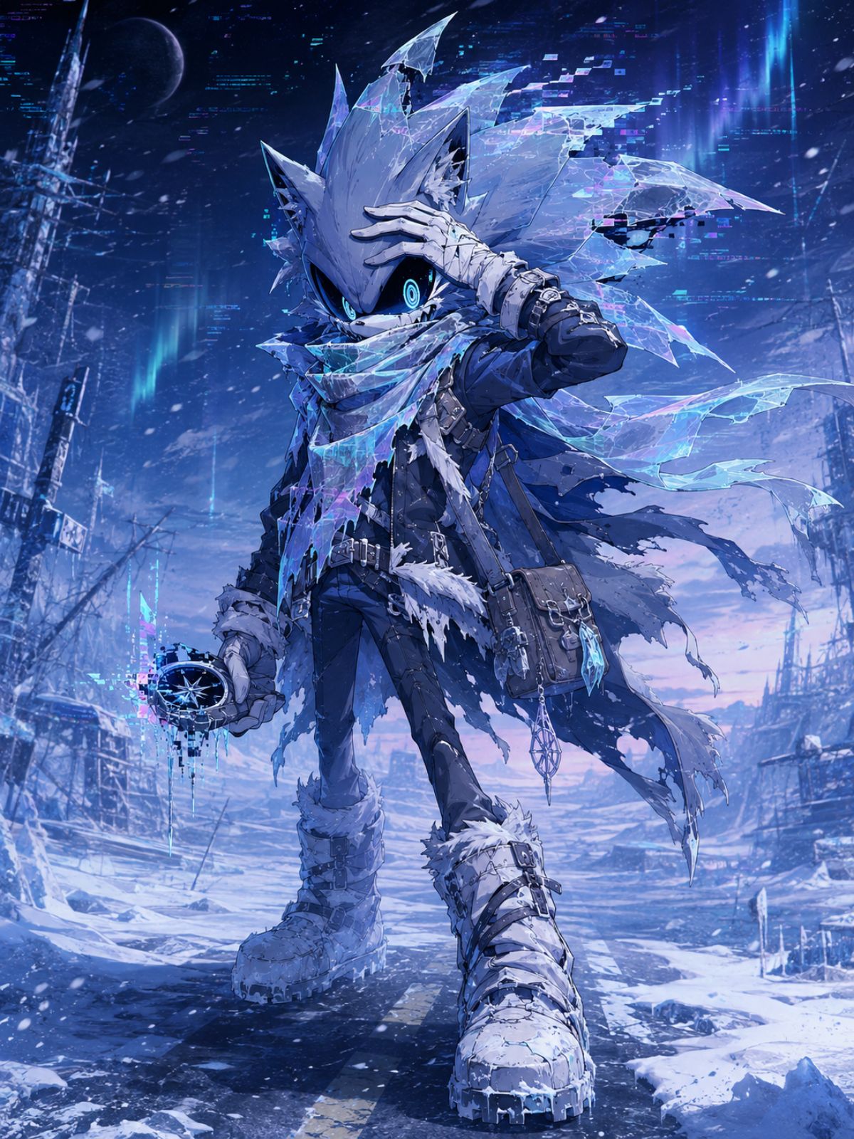 One original white and indigo speedster creature with angular quills, crystal cuffs and cold pixel-like aura, standing on a frozen digital shoreline beneath an eclipse, one charact