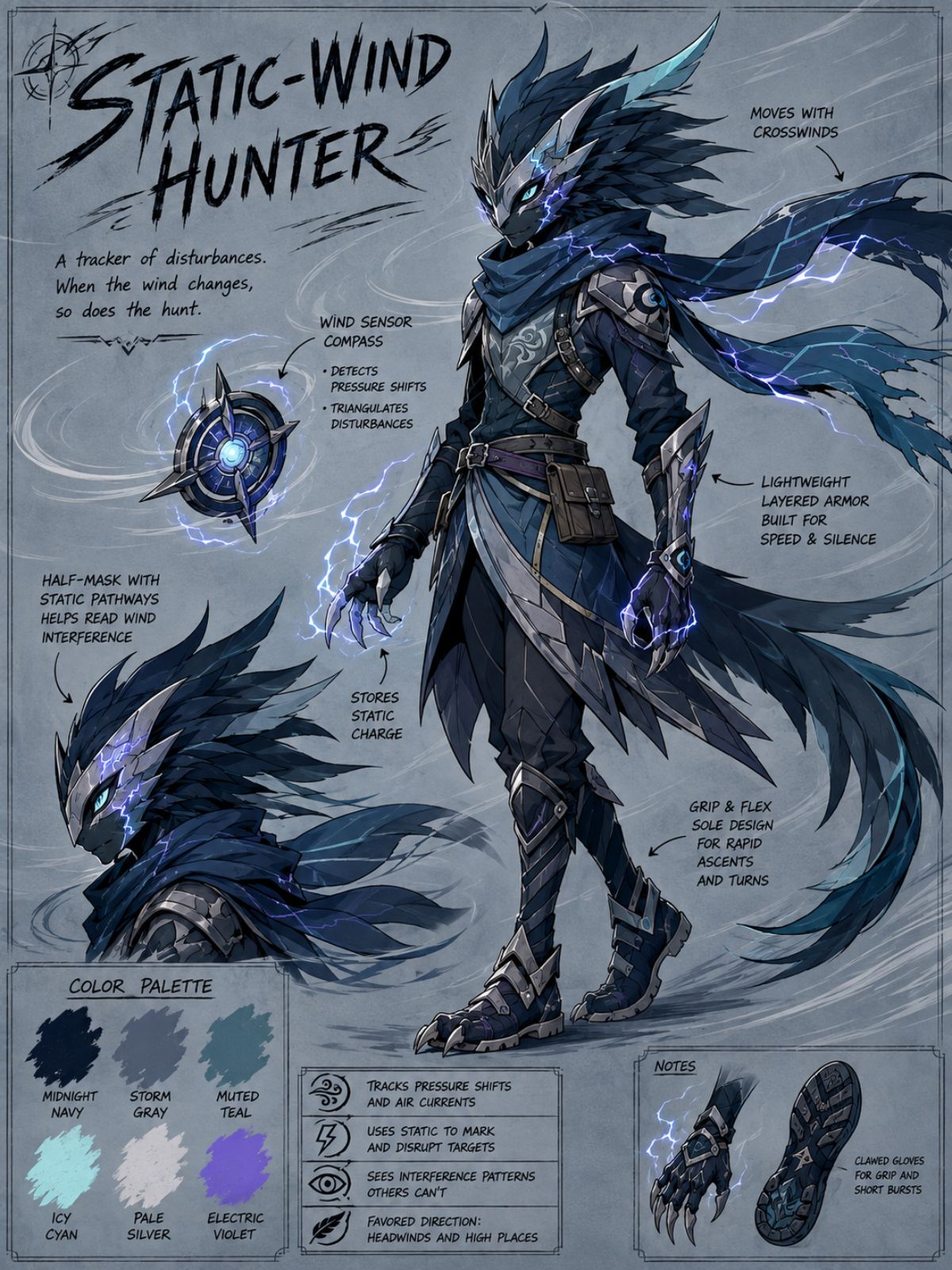 One original slate-gray speedster creature with long swept ears, amber visor-like eyes, short utility jacket and pale static wind trail, stalking across an empty storm-lit rail yar