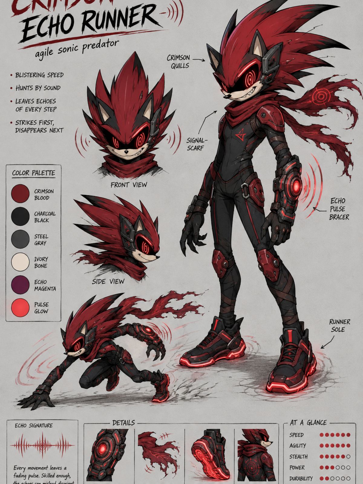 One original black and crimson speedster phantom with a split tail scarf, luminous red footprints and echo-like shadow trail, sprinting through an abandoned arcade corridor, one ch
