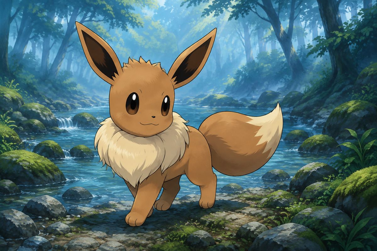 One original fox-cat fantasy companion with tall split-tip ears, short rounded muzzle, three featherlike tails, cream fur with indigo constellation markings, bright amber eyes, cle
