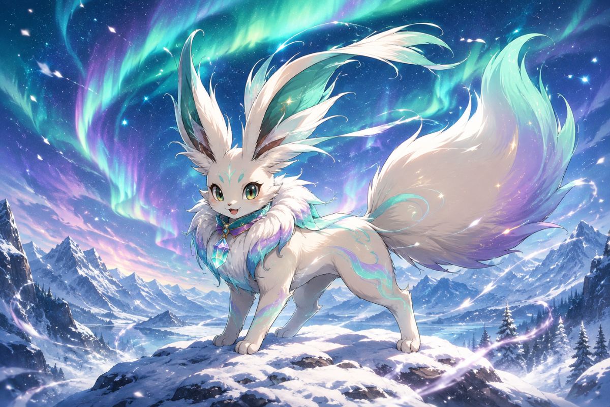 One completely original small fantasy companion creature inspired by aurora weather, long leaf-shaped ears, rounded feline muzzle, flowing ribbon tail, teal and coral fur markings,