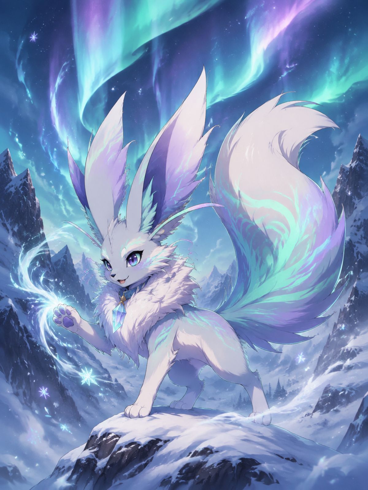One original aurora-wind fantasy companion creature with rounded lynx ears, long cloudlike tail, pearl fur with turquoise and coral streaks, bright curious eyes, balancing on a sno
