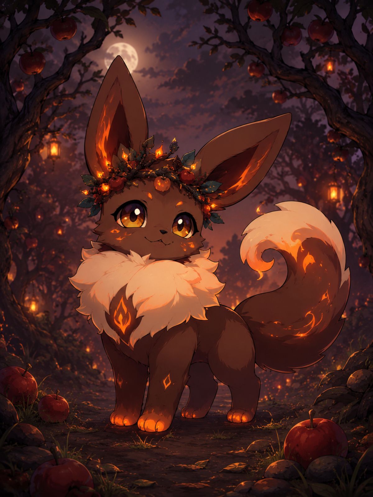 One original orchard-fire fantasy companion with floppy rabbitlike ears, sturdy paws, a broad leaf-shaped tail tipped with warm embers, russet and cream fur, protective pose among 