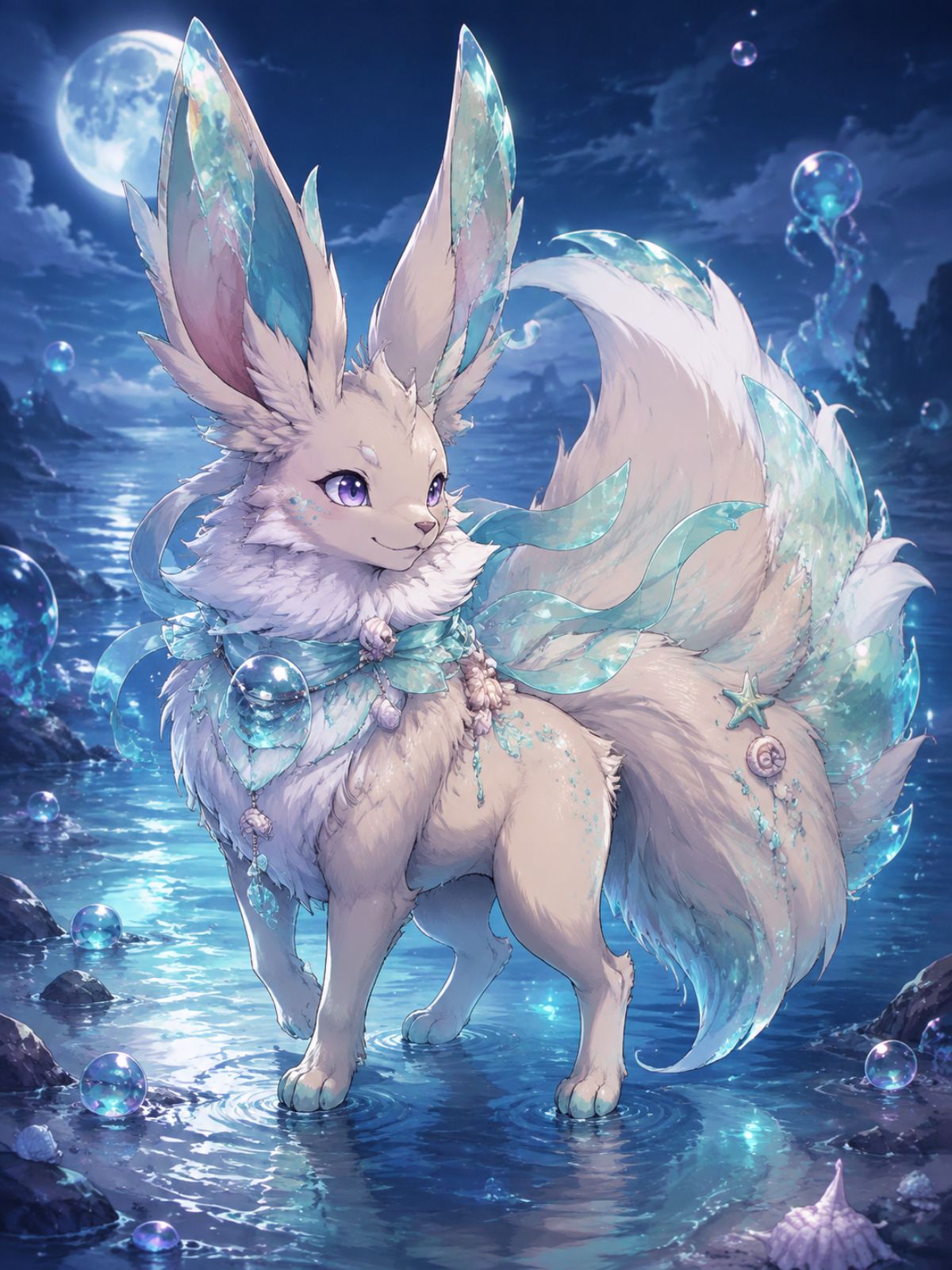 One original ocean-crystal fantasy companion with small finlike ears, smooth otterlike muzzle, translucent fan tail, pale aqua fur and lavender crystal markings, resting beside lum