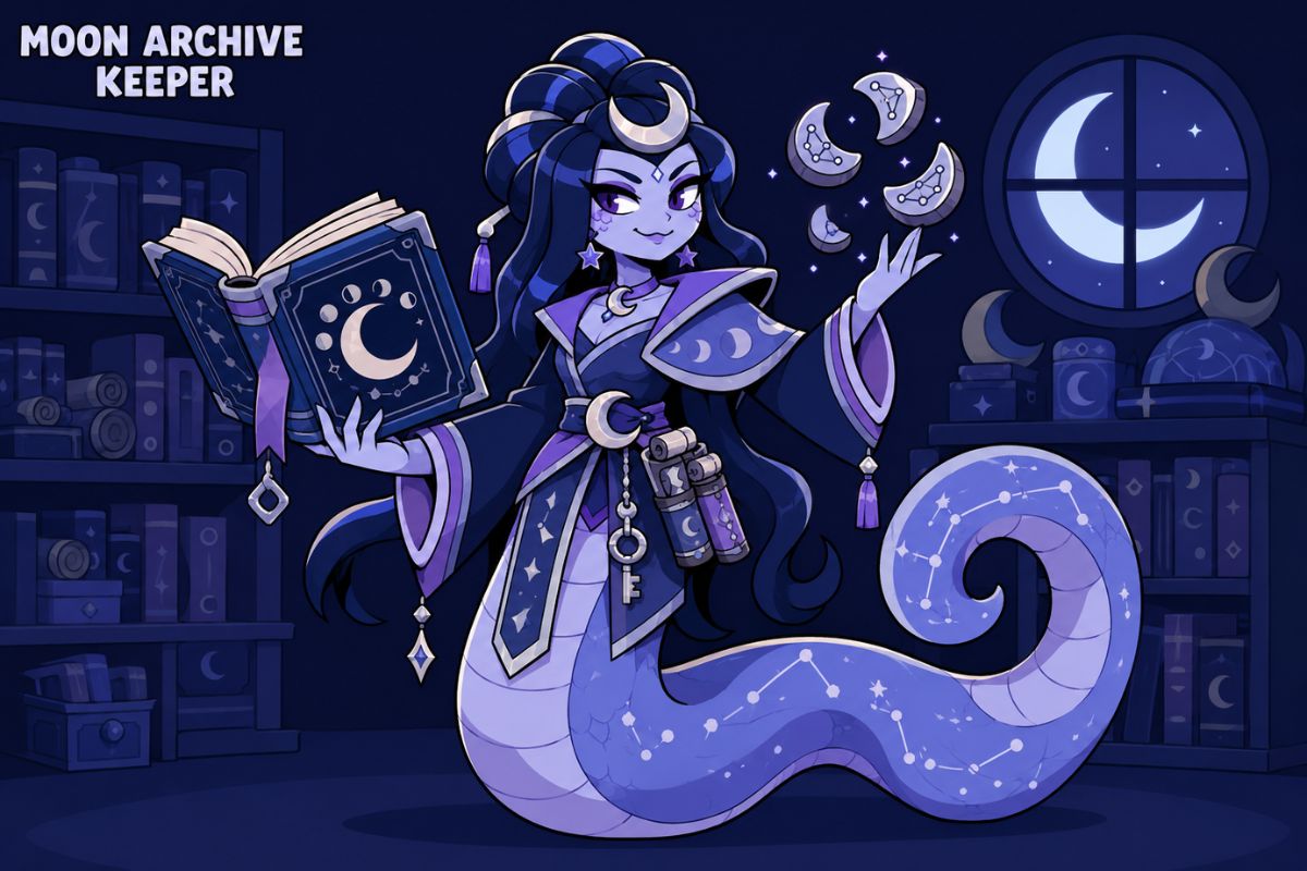 One original moon archive keeper with silver-brown skin, long violet braid, layered midnight scholar robes, crescent spectacles and floating paper cranes made of pale light, standi