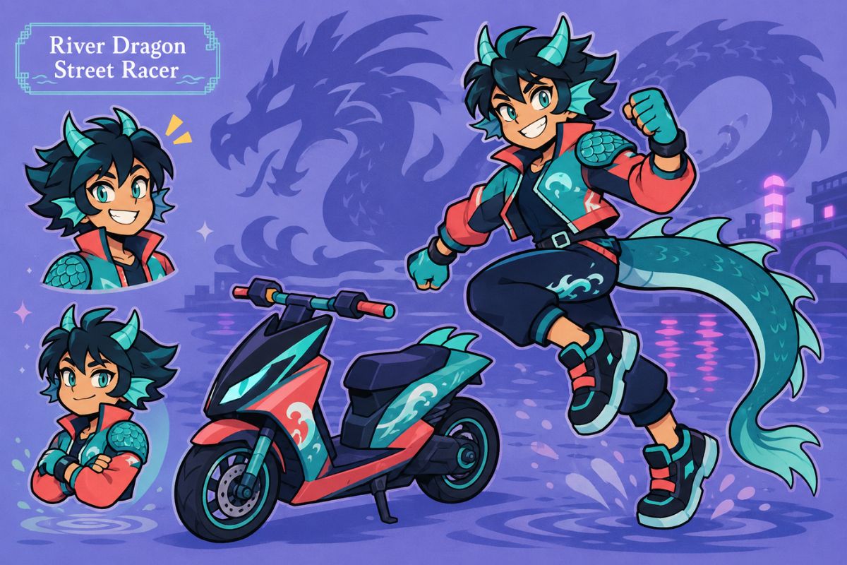 One original river-dragon street racer with turquoise scaled accents along the arms, short white hair, orange racing jacket, waterproof boots and an original wave-shaped helmet hel