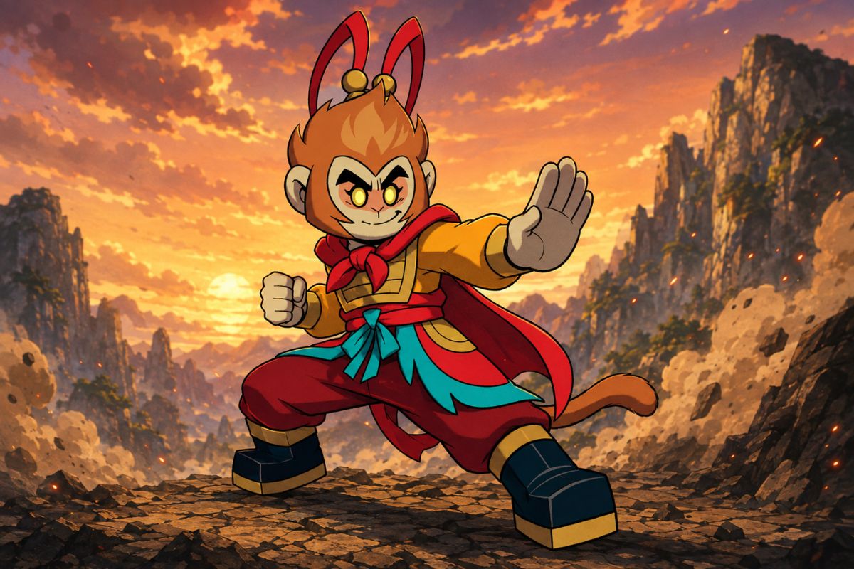 One original storm-themed temple runner with dark curly hair, slate and gold layered athletic robes, thunderbird feather charm and glowing ring-shaped wind weapon, poised on ancien