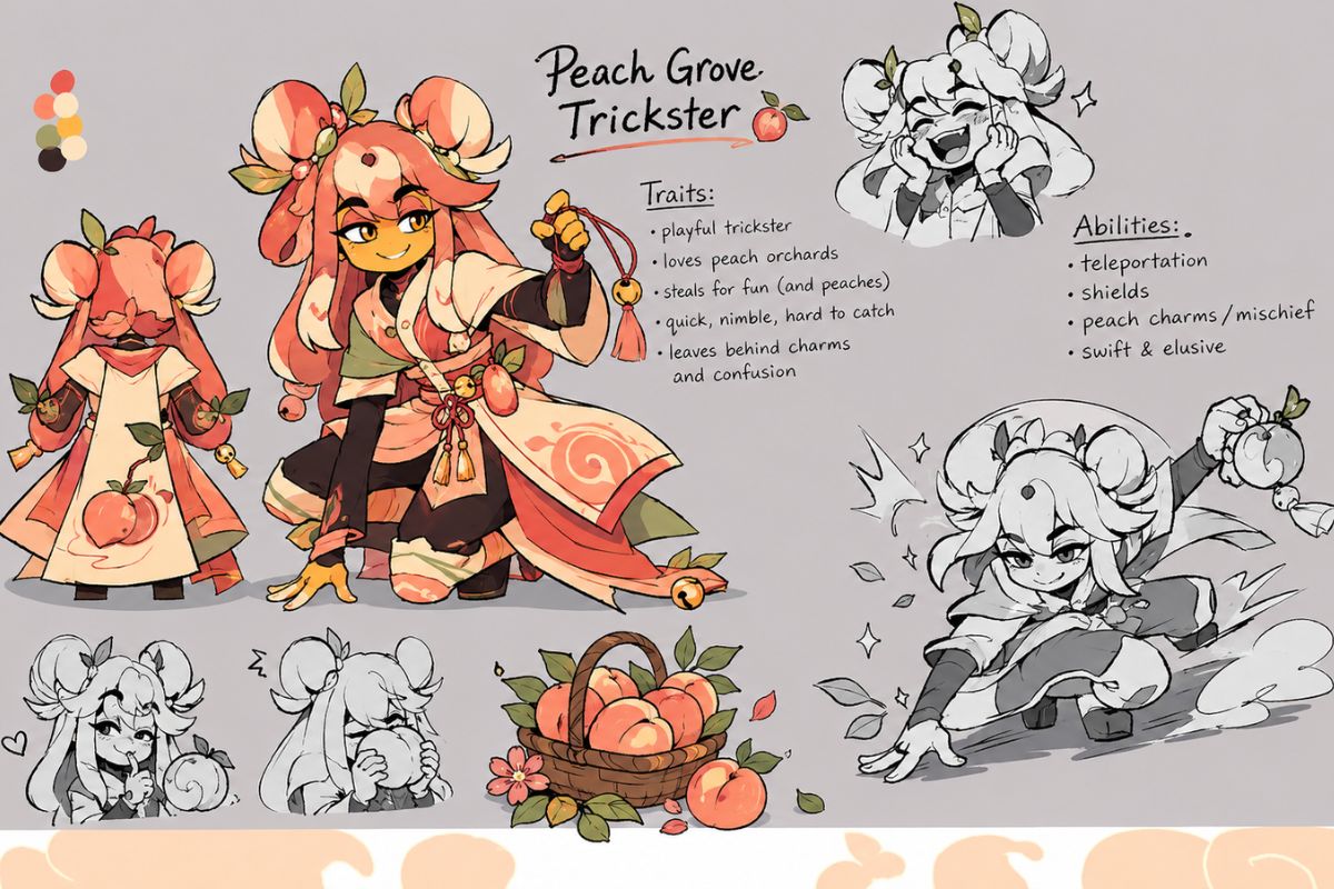 One original peach-grove trickster spirit with round human face, moss-green curls, small deerlike antlers, coral and cream travel clothes, seed-pod satchel and glowing blossom magi