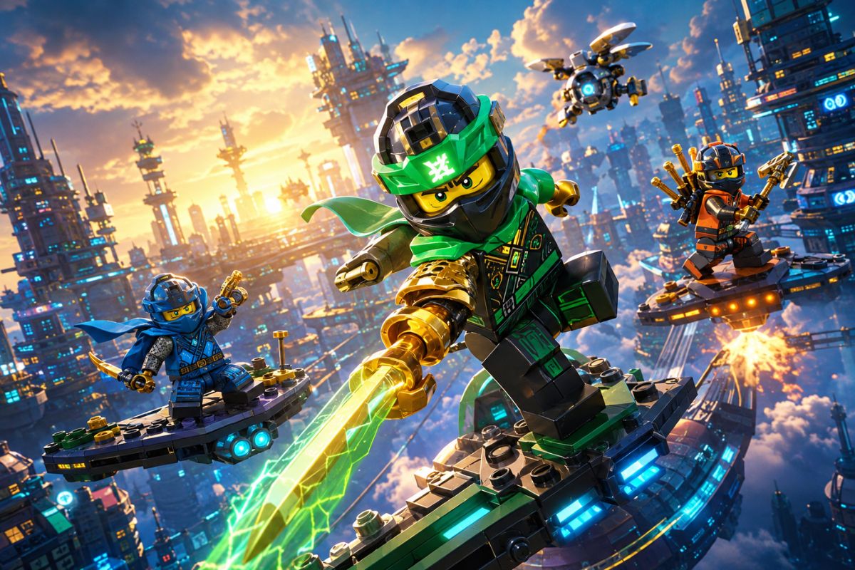 One original storm-tech ninja inventor with medium brown skin, curly black hair, charcoal and electric-cyan protective clothing, tool gauntlet and compact original lightning staff,